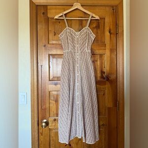 Vintage Gunne Sax dress in tan and with stripe with blue flowers size 11